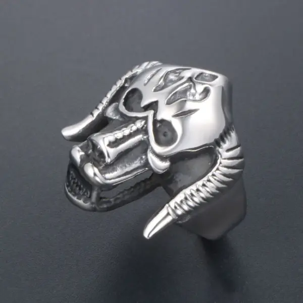 oly-2e76d248466ac3d9f0c7e882a998588b Wholesale Retro Titanium Steel Monster Ring Unique Creative Horned Dominant Finger Ring For Men Cartoon Pattern Polished Skull Head