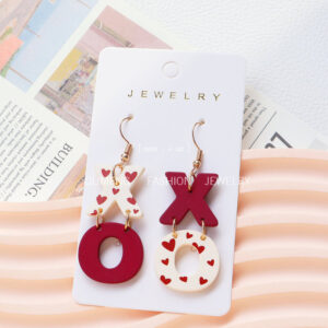 Wholesale Valentine's Day Acrylic Paint New Arrival Earrings XO Wine Red Contrast Color Love Printed Earrings Peach Heart Foreign Trade Earrings for Women