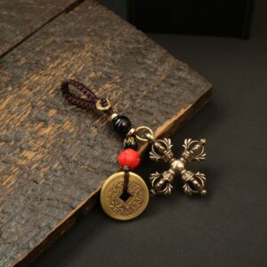 Cross lotus vajra pestle + black and red beads five emperors coin