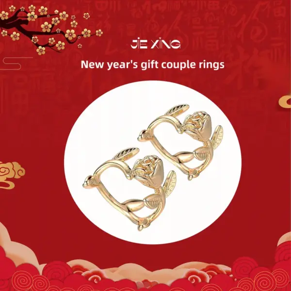 Wholesale Rose Pattern Couple Rings In Copper With 14K Real Gold Electroplated Finish Featuring Artificial Gemstones