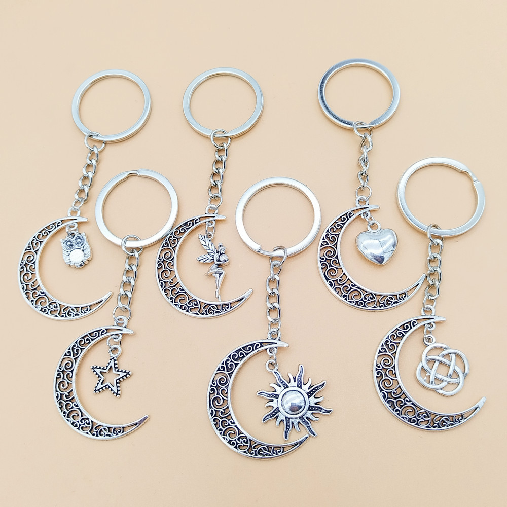 Wholesale Foreign Trade European and American Cross-Border Five-Pointed Star Sun and Moon Pendant Retro Moon Combination Keychain Pendant