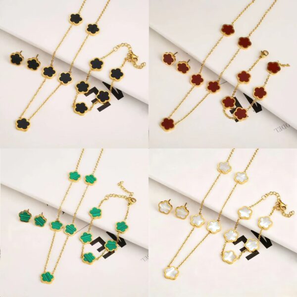 Wholesale Electroplated stainless steel lucky five-leaf clover petal earrings, bracelet, and necklace set
