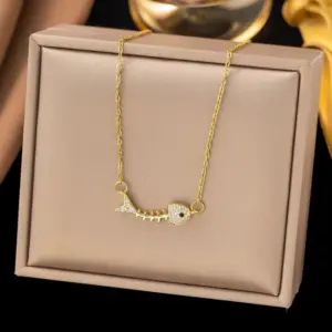 Wholesale Fish Bone Pendant Necklace For Women With Inlay Artificial Rhinestones, 18K Real Gold Plated Copper And Water Plating On Cable Chain