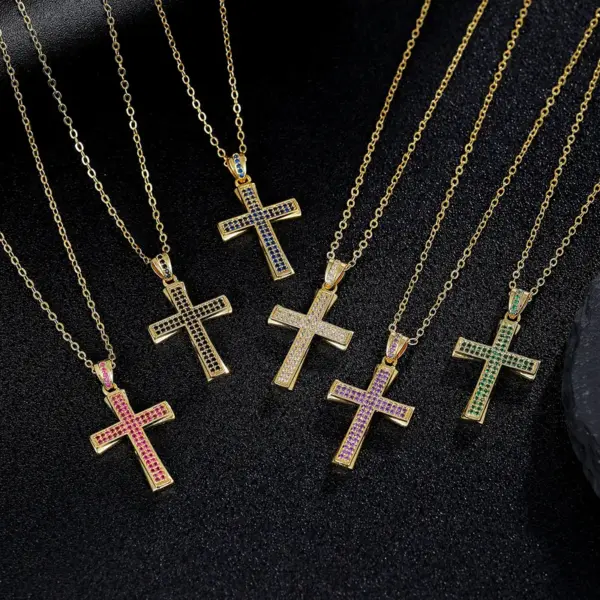Wholesale Women’s Waterproof Non Tarnish Copper Cross Necklace With KC Golden Plated Electroplated Finish And Zircon Inlay