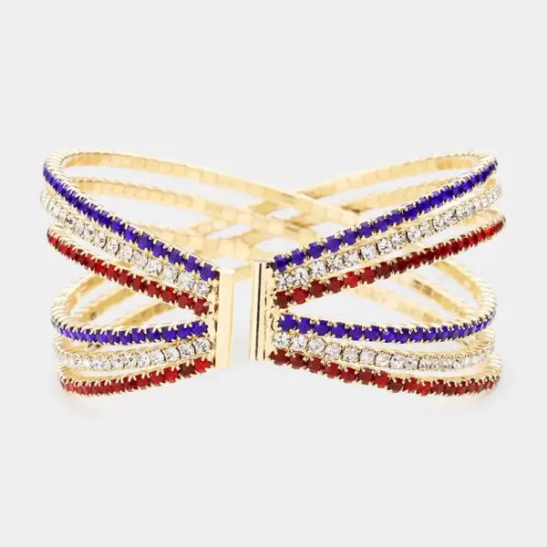 Wholesale National Flag Wristband With Claw Setting, Copper Material, Golden Plated Water Plating, Rhinestones Inlay, 0.03µm Plating Thickness