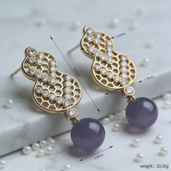 Wholesale Women’s Tassel Stud Earrings With Micro-Pavé Craft, 18K Real Gold Plated Brass Featuring February Birthstone Amethyst And UV Plating