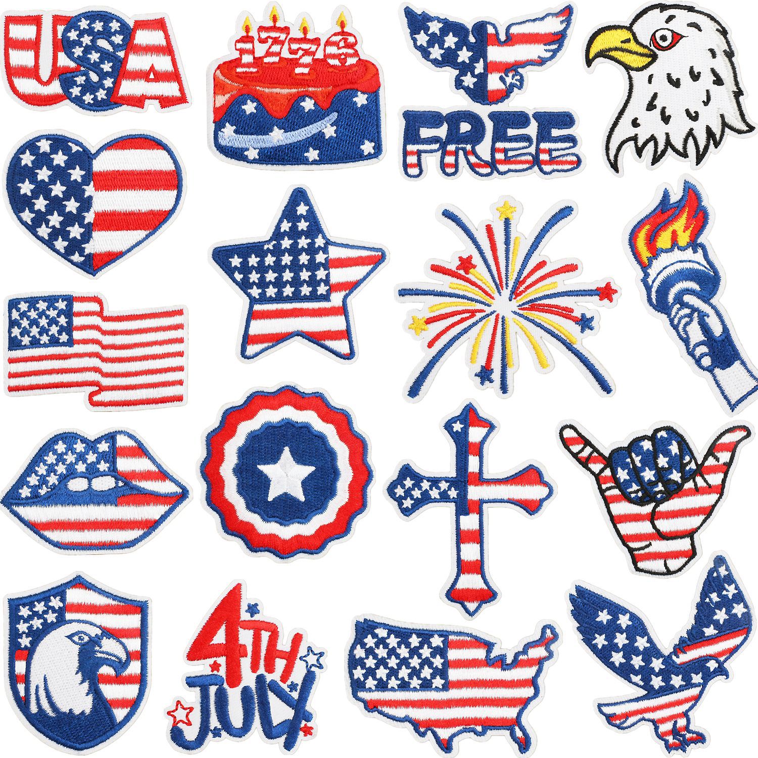 Wholesale Howling Day US National Day Decorative Embroidery Cloth Sticker Independence Day Flag Torch Patch Bag Embroidery Sticker Eagle