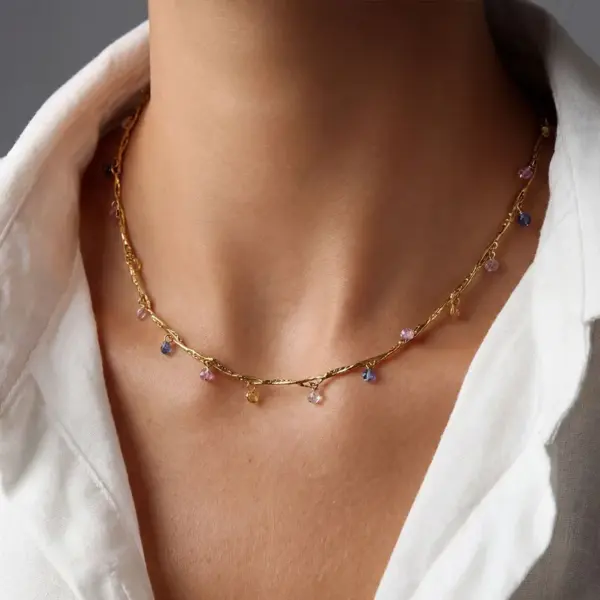Wholesale French Line Wrapped Colorful Zircon Heart-Shaped Mixed Color 18K Gold Plated 304 Stainless Steel Vacuum Electroplated Necklace For Women Clavicle Chain Snake Chain