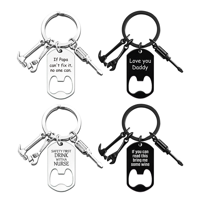 Wholesale Keychain Pendant European and American Cross-border Family Bottle Opener Birthday Holiday Father's Day Gift Engraving Metal Keychain