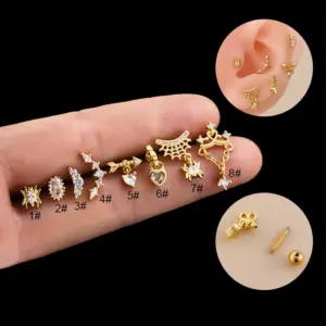 Wholesale 1 Piece 316L Stainless Steel Copper Zircon Ear Cartilage Rings & Studs Spider Spider Web Waterproof Non Tarnish Surgical Steel