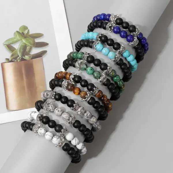 Wholesale Natural Stone Beads Set Combination Bracelet Vintage Business Crown Unisex Hand Chain Jewelry Fashion Accessory