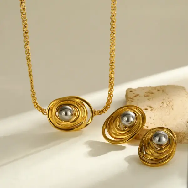 oly-3084394b1afb74f31a66c3639cf02c5d Wholesale 18K Gold Plated 304 Stainless Steel Vacuum Electroplating (In Furnace) Geometric Mixed Color (Jewelry Metal Contrast Color) Nordic Style Cable Chain/Cross Chain/O Chain Jewelry Set For Women Independence Day