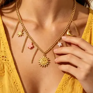 Wholesale Sun Necklace For Women, Waterproof Non Tarnish 304 Stainless Steel With 18K Real Gold Plated And Zircon Inlay, Electroplated
