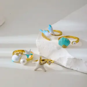 Wholesale Adjustable Open Ring Starfish Shell Design Unique Style Ocean Theme Fashionable Accessory Gold Plated Copper Material