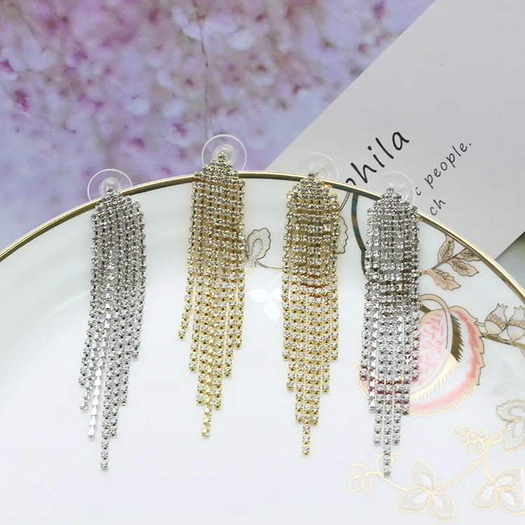 Wholesale 1 Pair Fashion Tassel Inlay Diamond Copper Rhinestones Drop Earrings