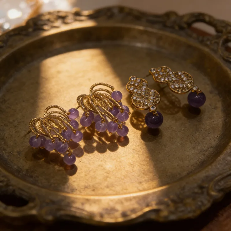Wholesale Women’s Tassel Stud Earrings With Micro-Pavé Craft, 18K Real Gold Plated Brass Featuring February Birthstone Amethyst And UV Plating