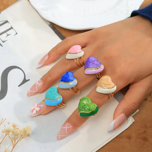 Wholesale Jewelry Elegant Cute Sweet Heart Shape 304 Stainless Steel 14K Gold Plated Enamel Plating Open Rings