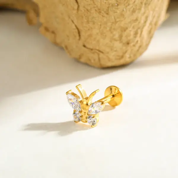 Wholesale Titanium Alloy Gold Plated Vacuum Electroplating (In Furnace) Gold Steel Color Zircon Geometric Inlaid Unisex Piercing Lip Stud