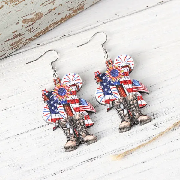 Wholesale New Red White Blue American Flag Cross Butterfly Knot Pendant Earrings Wooden Double-Sided Independence Day Ear Jewelry