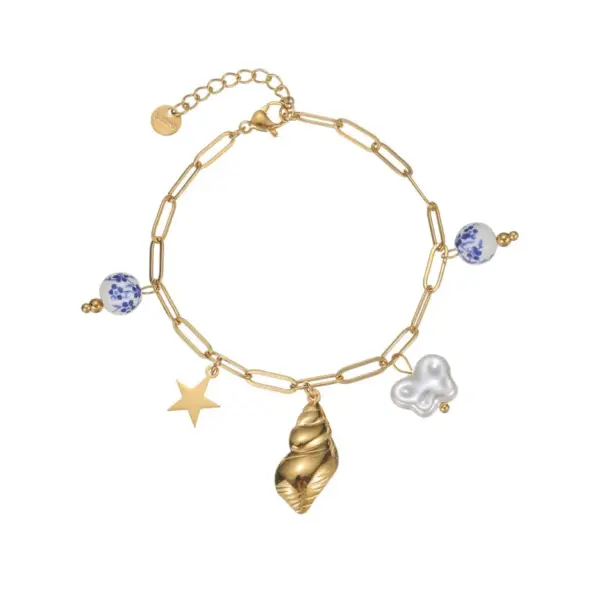 Wholesale Ceramic Blue And White Porcelain Bracelet Titanium Steel Shell Pendant 18K Gold Bracelet