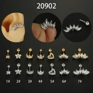 Wholesale 1 Piece 316L Stainless Steel Zircon Ear Cartilage Rings & Studs Moon Heart Shape Flower Waterproof Non Tarnish Surgical Steel Women'S
