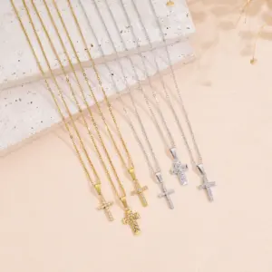 Wholesale Women’s Cross Pendant Necklace With Machine Inlaid Rhinestones, 18K Real Gold Plated 304 Stainless Steel, PVD Coated Cable Chain