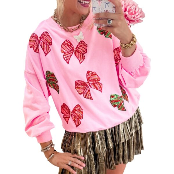 Wholesale Autumn and Winter Women's Clothing Valentine's Day Christmas Bow Sequin Round Neck Loose Casual Long-Sleeved Sweatshirt for Women