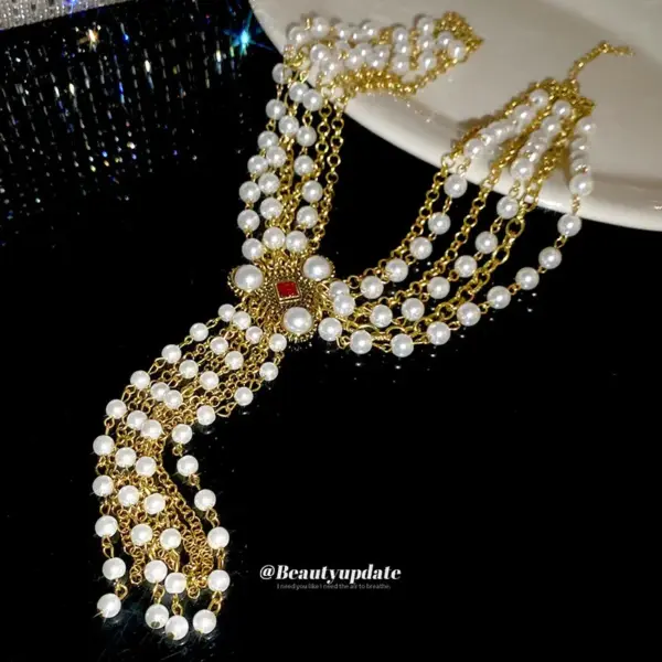 Wholesale Layered Tassel Pearl Necklace For Women With Imitation Pearl And Rhinestone Inlay, Alloy Pendant