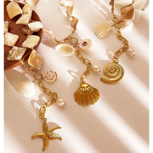Wholesale 304 Stainless Steel Geometric Starfish Shell PVD Coated Freshwater Pearl Shell Real Gold Plated Nordic Style Vacation Marine Style Waterproof Non Tarnish Surgical Steel Shell Necklace Lobster Trigger Clasp Closure Pendant Necklace