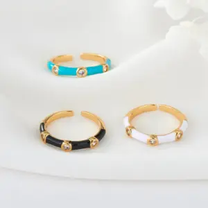 Wholesale Women’s Open Copper Ring With 14K Real Gold Plating And Zircon Inlay Featuring Enamel Color Detail