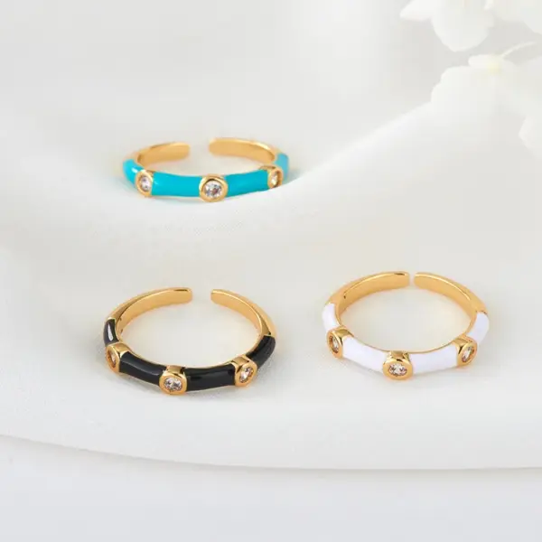 Wholesale Women’s Open Copper Ring With 14K Real Gold Plating And Zircon Inlay Featuring Enamel Color Detail