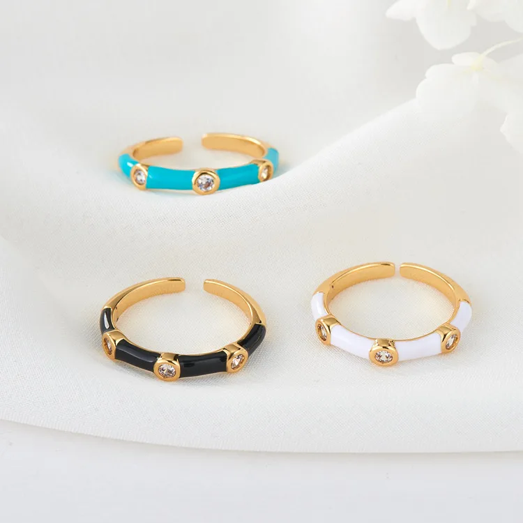 Wholesale Women’s Open Copper Ring With 14K Real Gold Plating And Zircon Inlay Featuring Enamel Color Detail