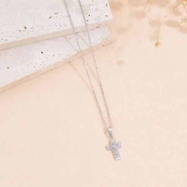 Wholesale Women’s Cross Pendant Necklace With Machine Inlaid Rhinestones, 18K Real Gold Plated 304 Stainless Steel, PVD Coated Cable Chain