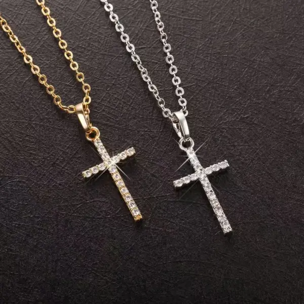 Wholesale Unisex Cross Pendant Necklace In Copper With Rhinestones, Electroplated Finish, Featuring A Durable Cable Chain