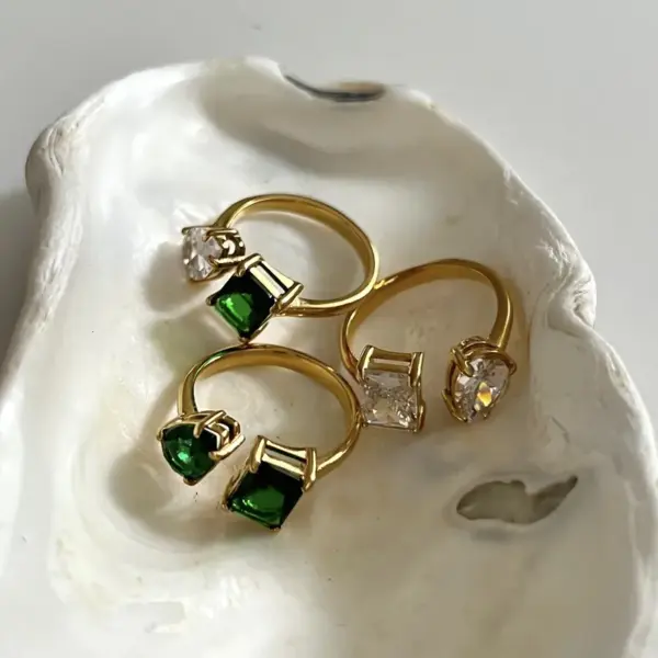 Wholesale 18K Real Gold Plated 304 Stainless Steel PVD Coated Zircon Square Plating Inlay Open Ring