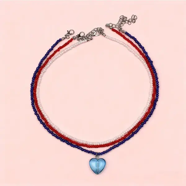 Wholesale Pastoral Blue Heart Shape Necklace For Women With Plastic Material And Seed Bead Inlay Featuring Weave Craft And Box Chain