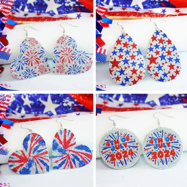oly-331ae476b3efb94c4aec50452d614b58 Wholesale Shiny Independent Day Earrings Dyed Patriot Hearts Star American Geometric Pattern Leather Ear Rings For Women Trendy Style