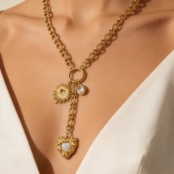 Wholesale Heart Shape Necklace For Women, Waterproof 304 Stainless Steel With 18K Gold Plated Finish, Zircon Inlay, Box Chain