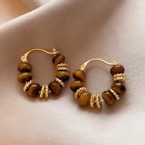 8# Ear Clip-Coffee-U-Shaped round Beads (Real Gold Plating)