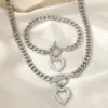 Wholesale Fashion Hip Hop 2 Piece Set - Stainless Steel Cuban Chain Necklace And Bracelet With Love Pendant OT Buckle Unisex Jewelry Gift