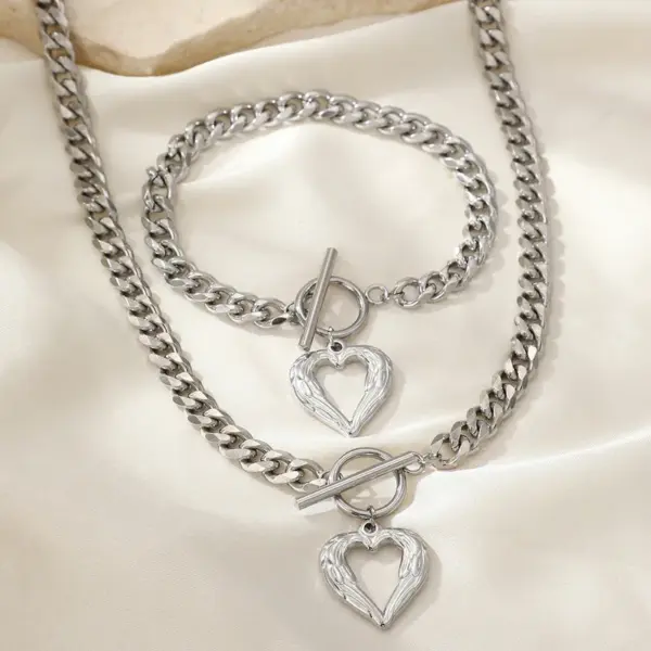 Wholesale Fashion Hip Hop 2 Piece Set - Stainless Steel Cuban Chain Necklace And Bracelet With Love Pendant OT Buckle Unisex Jewelry Gift