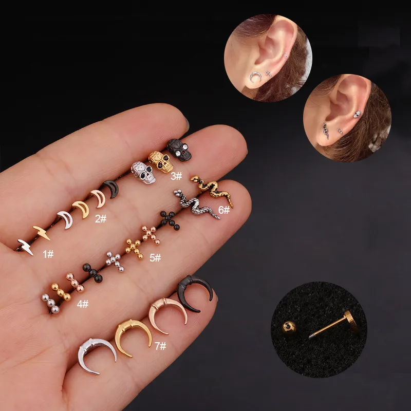 Wholesale Ear Cartilage Rings & Studs Moon 316L Stainless Steel Waterproof Non Tarnish Surgical Steel Vacuum Plating