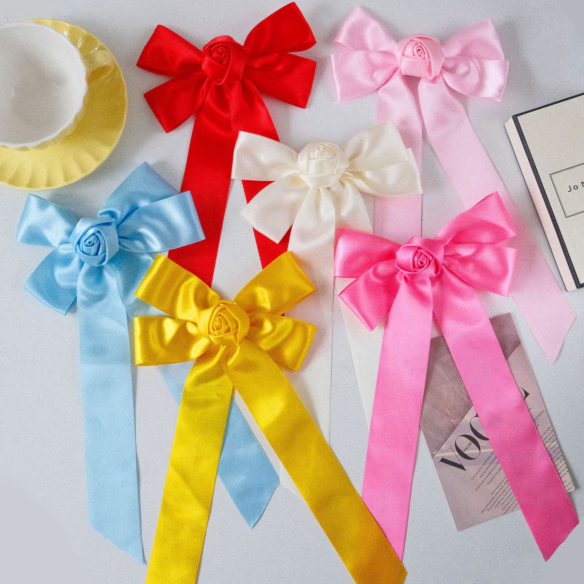 Wholesale Cross-border Solid Color Polyester Ribbon Bow Hairpin Valentine's Day Handmade Rose Sweet Ribbon Fabric Duckbill Clip