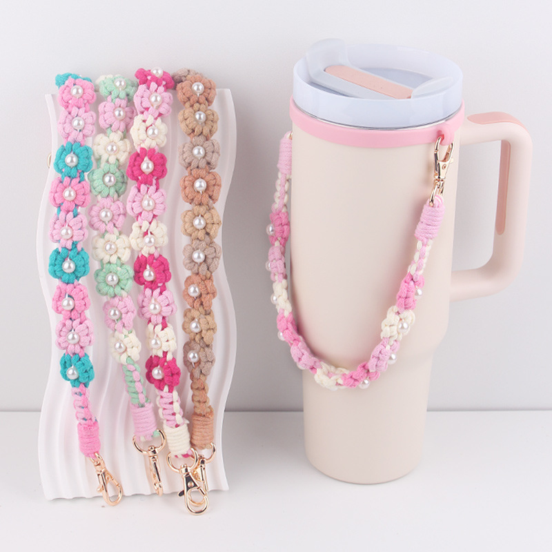 Wholesale Cross-border Amazon stanley water cup with creative handmade woven small daisy pearl water cup cup set cup rope