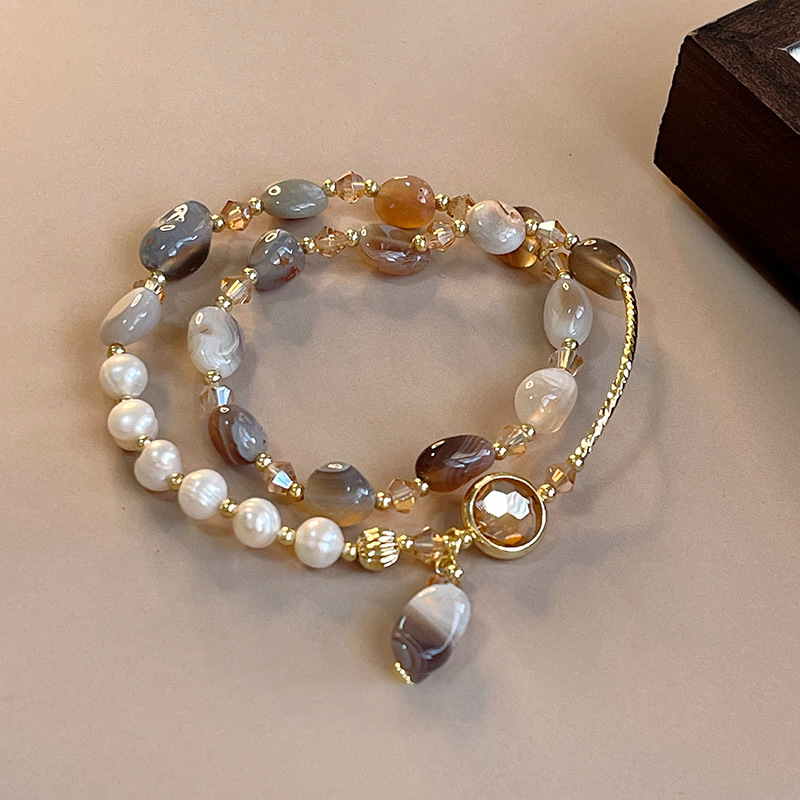 Wholesale National Tide Elegant Pearl Crystal Jade Double Circle Bracelet Niche Personality Bracelet Fashion High Sense Bracelet Wholesale Women