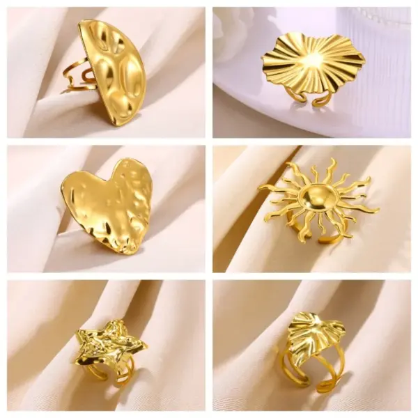 Wholesale PVD Coated Real Gold Plated Sun Star Heart Shape 304 Stainless Steel Hip-Hop Exaggerated Oversized Waterproof Non Tarnish Open Rings