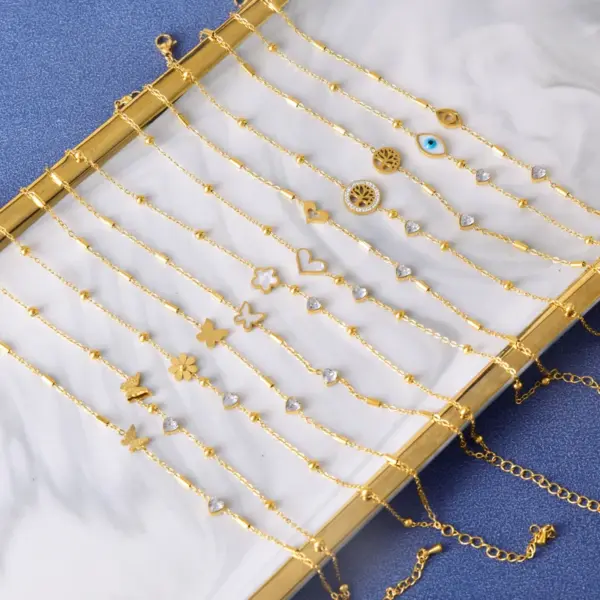 Wholesale 304 Stainless Steel Heart Shape PVD Coated Rhinestones Glass Stone Shell 18K Real Gold Plated Simple Style Classic Style Waterproof Non Tarnish Inlay Anklet
