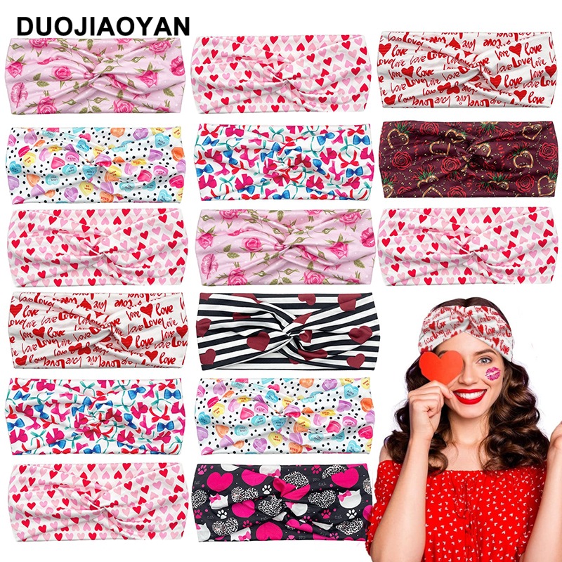 Wholesale Amazon New Valentine's Day Hair Band Love Elastic Cross Hair Band Printed Knot Sports Headband Wholesale Women