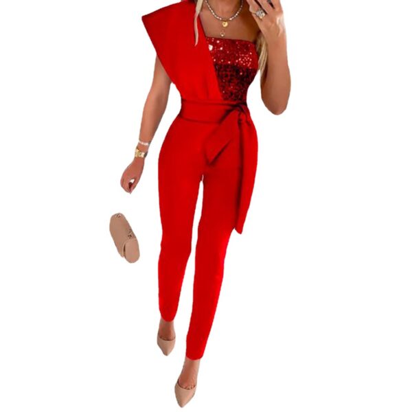 oly-34276e3d41a4369b2a7586d05fe874ea Wholesale printed jumpsuit solid color sleeveless belt decorative jumpsuit slim-fit stitching bead women’s clothing