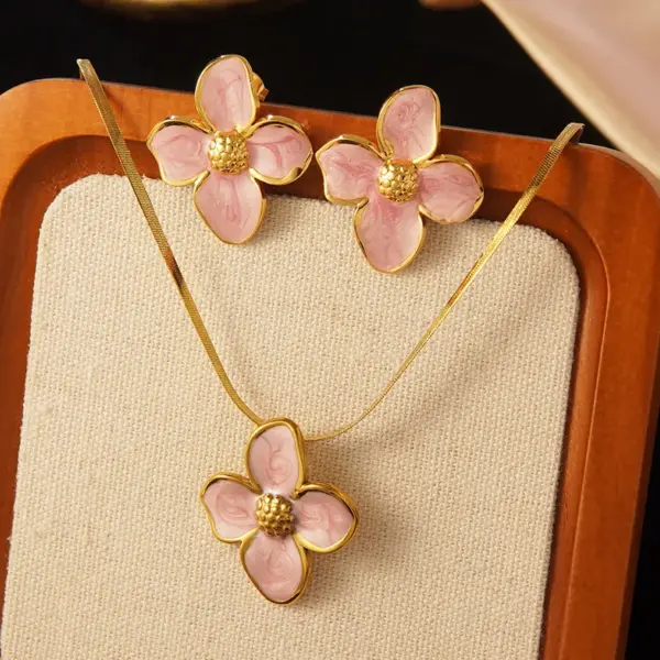 Wholesale 304 Stainless Steel Plastic Flower Electroplating PVD Coated Stone-Free 18K Gold Plated Imitation Gold Golden Plated Casual Elegant Cute Snake Chain Multicolor-Golden Yellow Earrings Necklace Jewelry Set